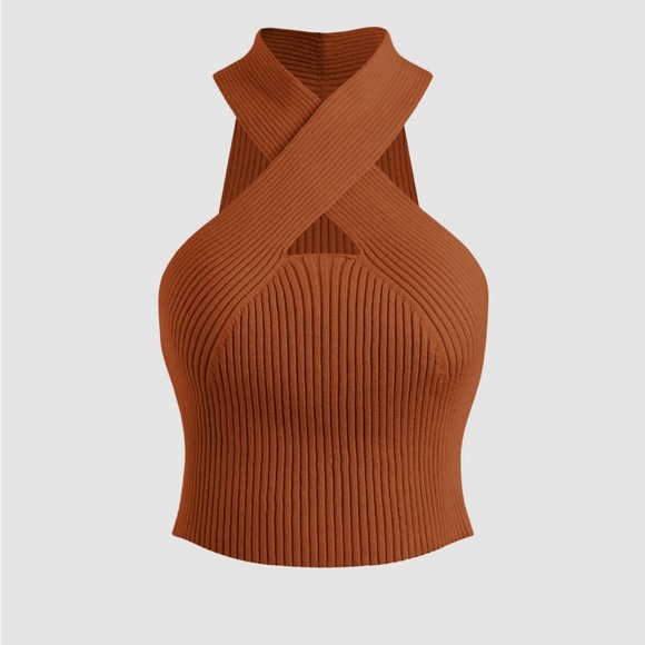 Cider Tops - Cider Ribbed Cropped Halter Top Burnt Orange Large